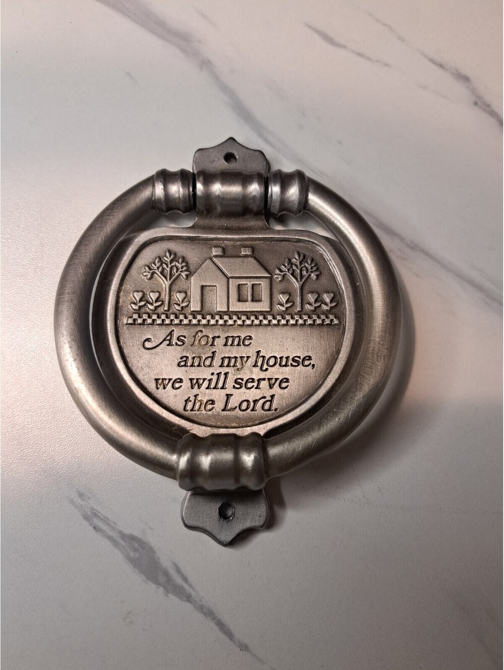 Vintage Cheerful Hearts Pewter Door Knocker "As for me and my house" 3.5"x 5"